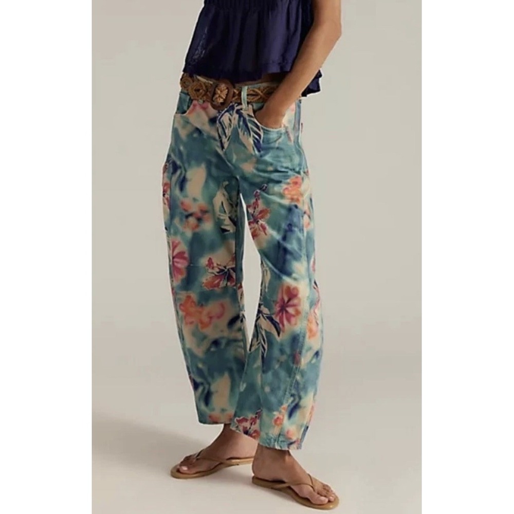 Free People We The Free Good Luck Printed Barrel Jeans Pool Floral Slouchy 29
